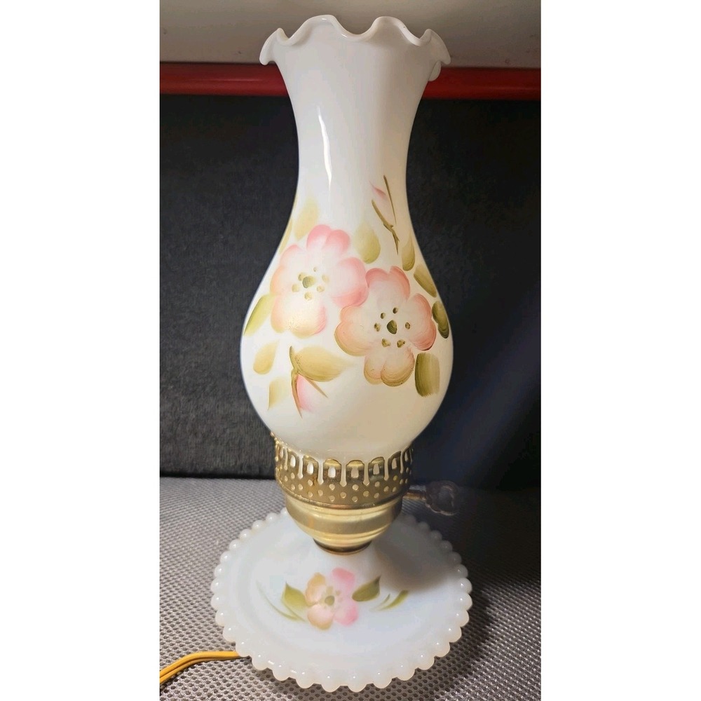 Vntg white milk glass electric hurricane table lamp Hand-painted Pink Rose 12 In